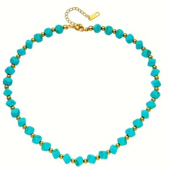 Unique Punk Style S.Steel 18K G.P Gilded,Golden Beads Square Turquoise Necklace. - Picture 4 of 6